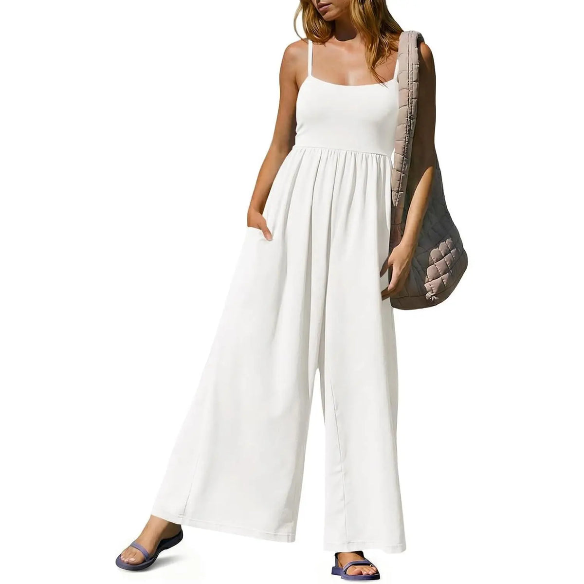 Imily Bela Womens Summer Jumpsuits One Piece Casual Loose Overalls Spaghetti Strap Wide Leg Rompers with Pockets Workout Outfits
