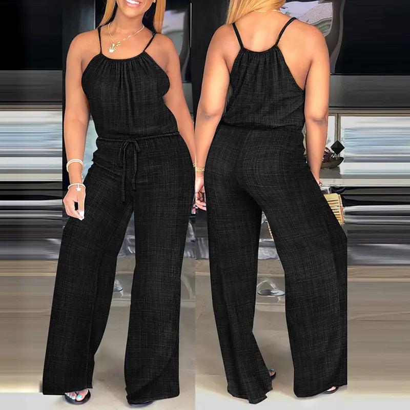 CHICME Lady's Basic Fit Sleeveless Polyester Jumpsuit - Overalls Style with Adjustable Straps and Drawstring for Day Trips, Everyday Wear,sohochic