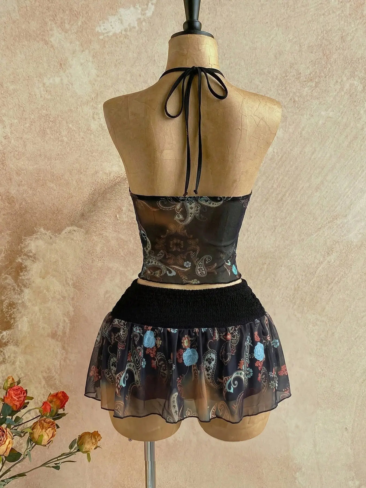 Women's Retro Vintage Paisley Print Crochet Two-Piece Set, Bohemian Boho Halter Crop Top & Ruffled Midi Skirt with Mesh Detail, Y2K Ethnic Style, for Casual, Vacation & Date, Spring/Summer/Fall