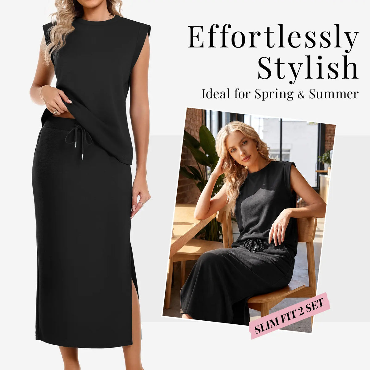 Casly Lamiit Women's 2-Piece Fitted Soft Fabric Crew Neck Cap Sleeve Top & Drawstring Midi Skirt Set with Pockets - No Bulky Feel, Summer Day Lounge Basics Outfits