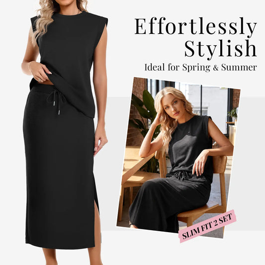 Casly Lamiit Women's 2-Piece Fitted Soft Fabric Crew Neck Cap Sleeve Top & Drawstring Midi Skirt Set with Pockets - No Bulky Feel, Summer Day Lounge Basics Outfits