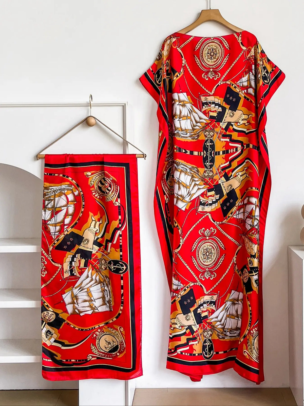 Elegant Dopamine Color Set, Boho Summer Chain Print Muumuu Long Dress Robe, Women's Sun Protection Satin Scarf Shawl