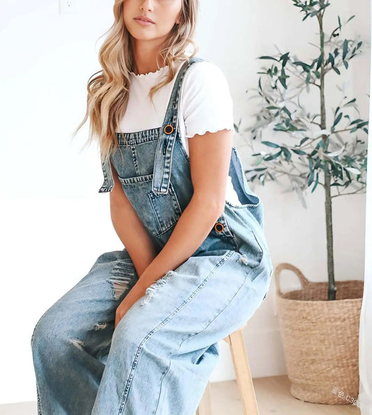 Ebossy Women's Minimalist Blue Loose Strappy Adjustable-Button Denim Coverall Bib Overalls - Ripped Wide Leg Baggy Jumpsuit, Casual Party Womenswear, Women's Clothing