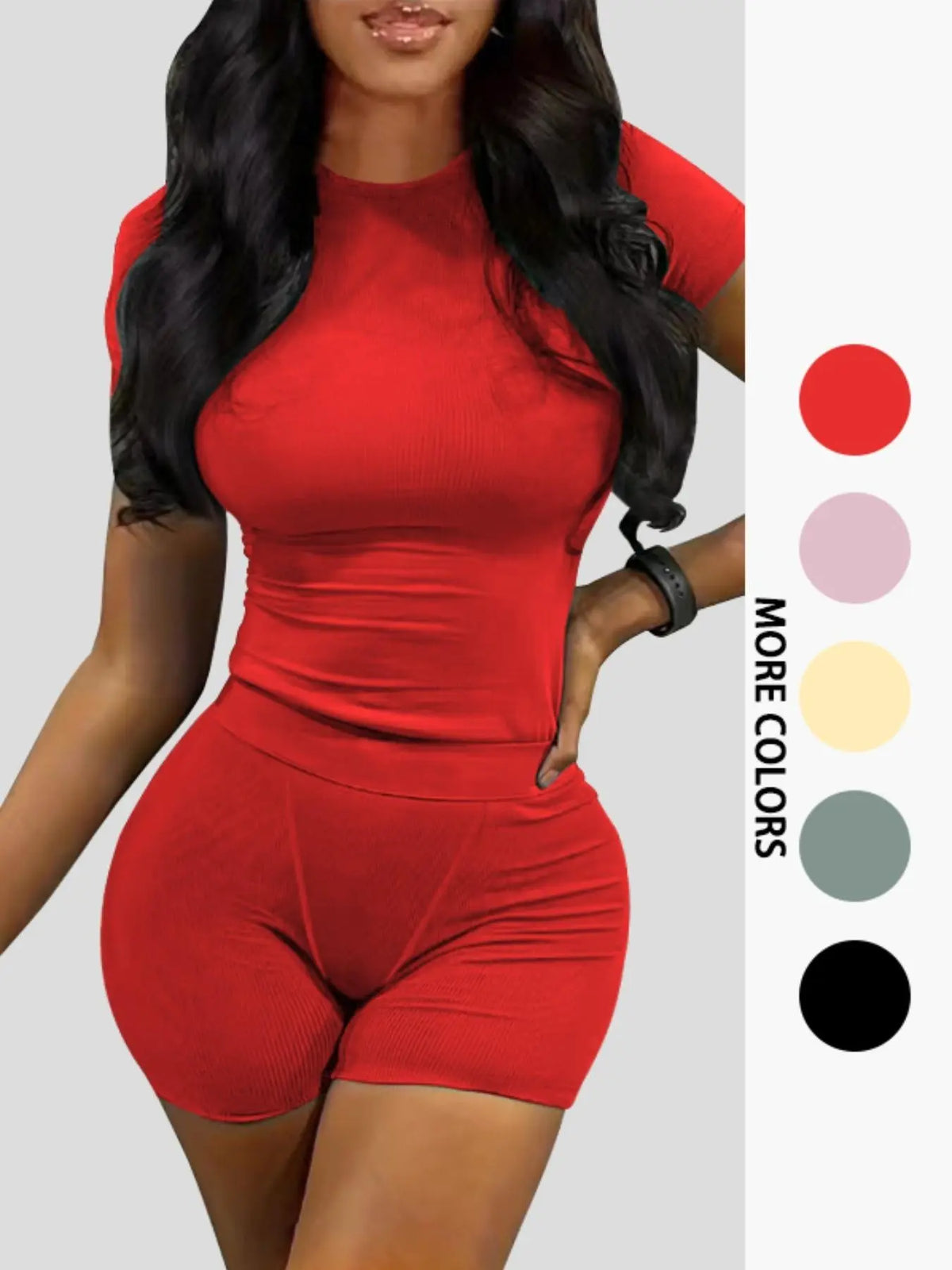 Women's Summer Casual Solid Color Knitted Round Neck T-Shirt Shorts Set Outfit, Comfortable and Stylish, Perfect for Daily Wear