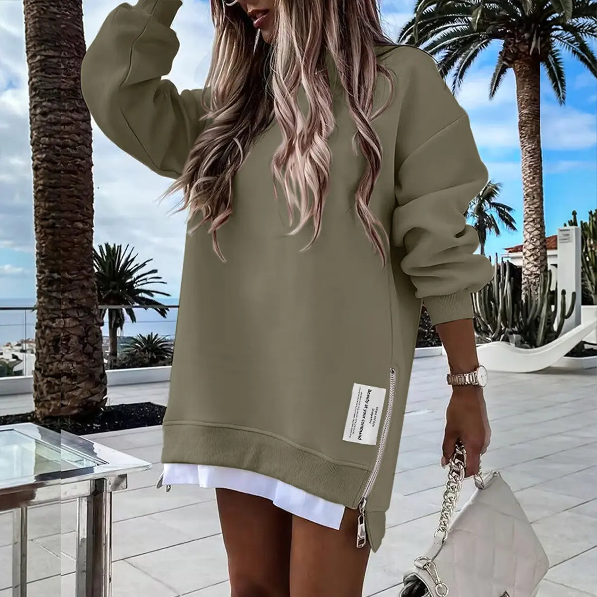 CHICME 2026 Women's Oversized Fall Long Sleeve Pullover Sweatshirt Zipper Slit Casual Dress Drop Shoulder Outfits