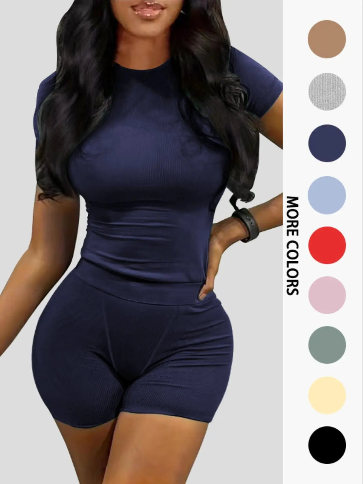 Women's Summer Casual Solid Color Knitted Round Neck T-Shirt Shorts Set Outfit, Comfortable and Stylish, Perfect for Daily Wear