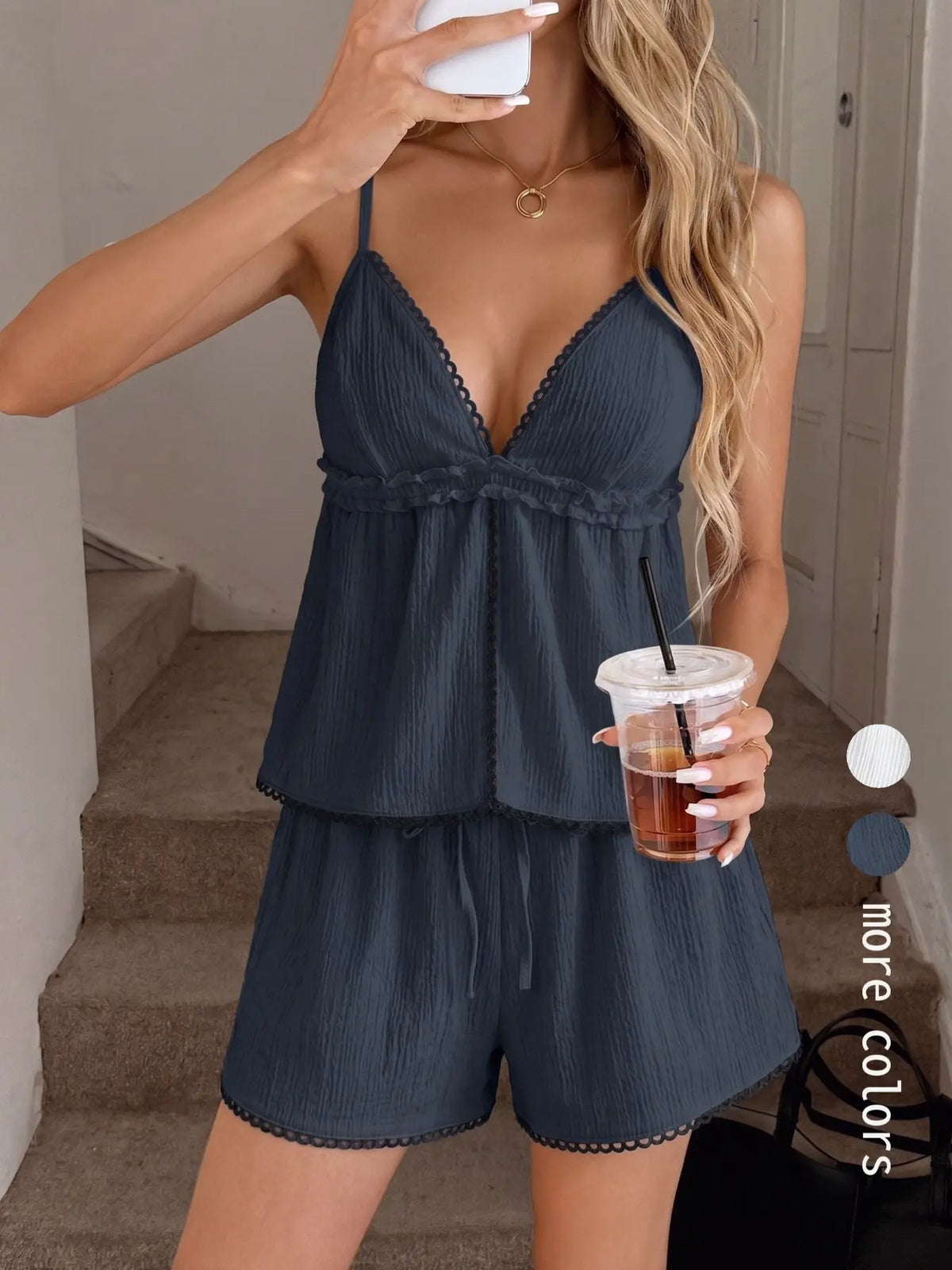 Women's Boho Bohemian White Beach Outfit, 2-Piece Set with Sleeveless Ruffled Camisole Top and Shorts, Lightweight Breathable Summer Vacation Womenswear