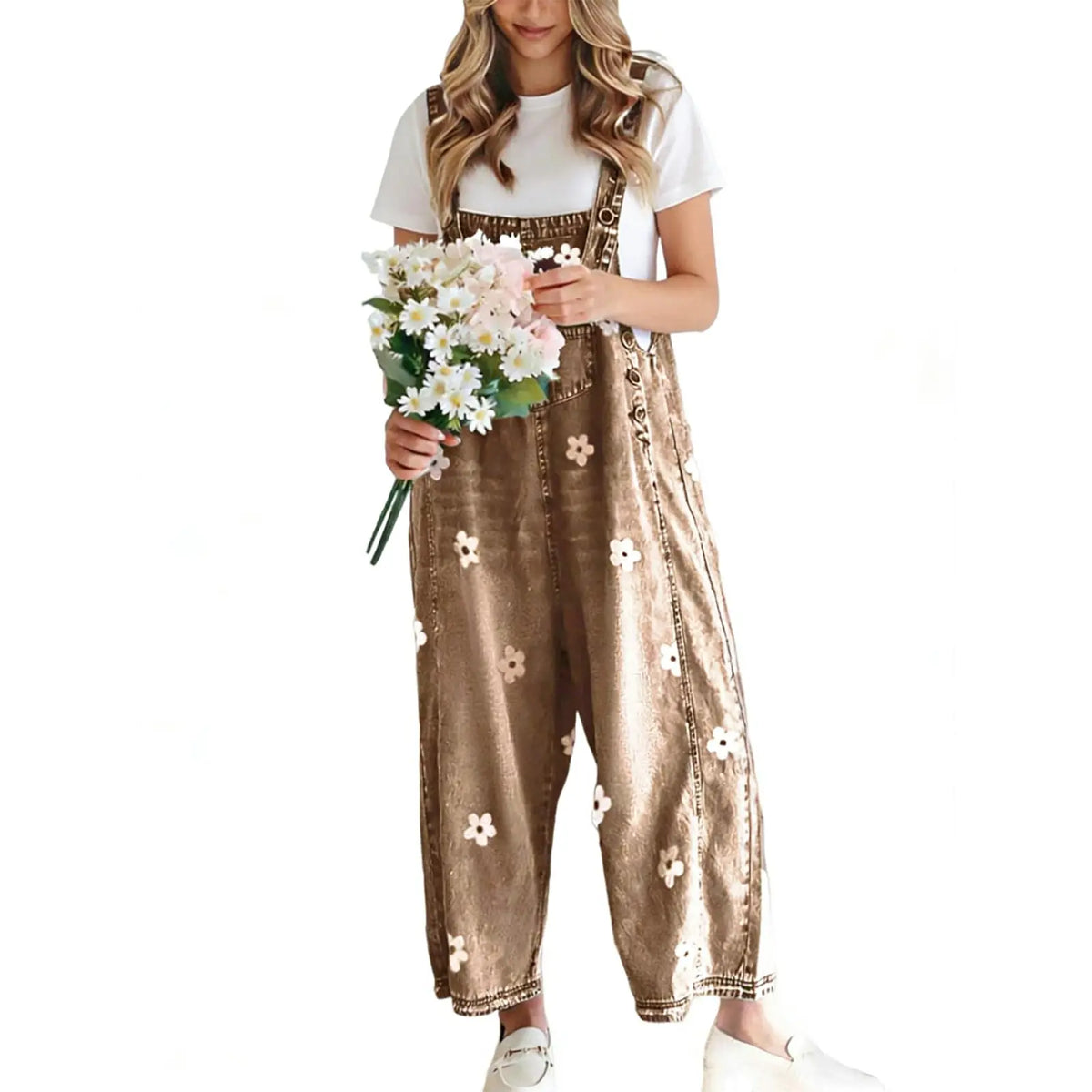 utcoco Women's Cotton Bib Overalls - Cute Floral Print Denim Jumpsuit with Baggy Wide Leg, Adjustable Straps, Vibe Fashion Apparel, Women's Fashion Back to School Clothes