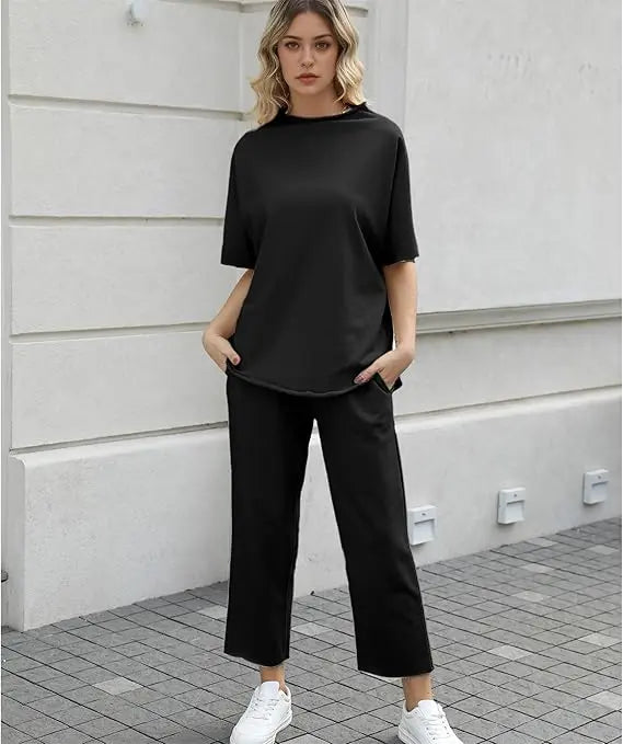 Hixiaohe Women's 2-Piece Casual Trendy Clothing Set - 3/4 Batwing Sleeve Capelet Crew Neck Pullover Top, Wide Leg Pants, Pocket Convenience, Travel-Friendly Sohochic Soft Women's Suits & Sets