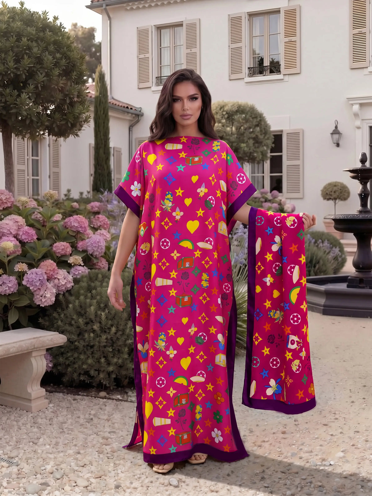 Fashionable Elegant Full-Body Print Robe Set, Moo Moo Long Dress + Headscarf Scarf, Women's Beach Sun Protection Silk Shawl, Beachy Style