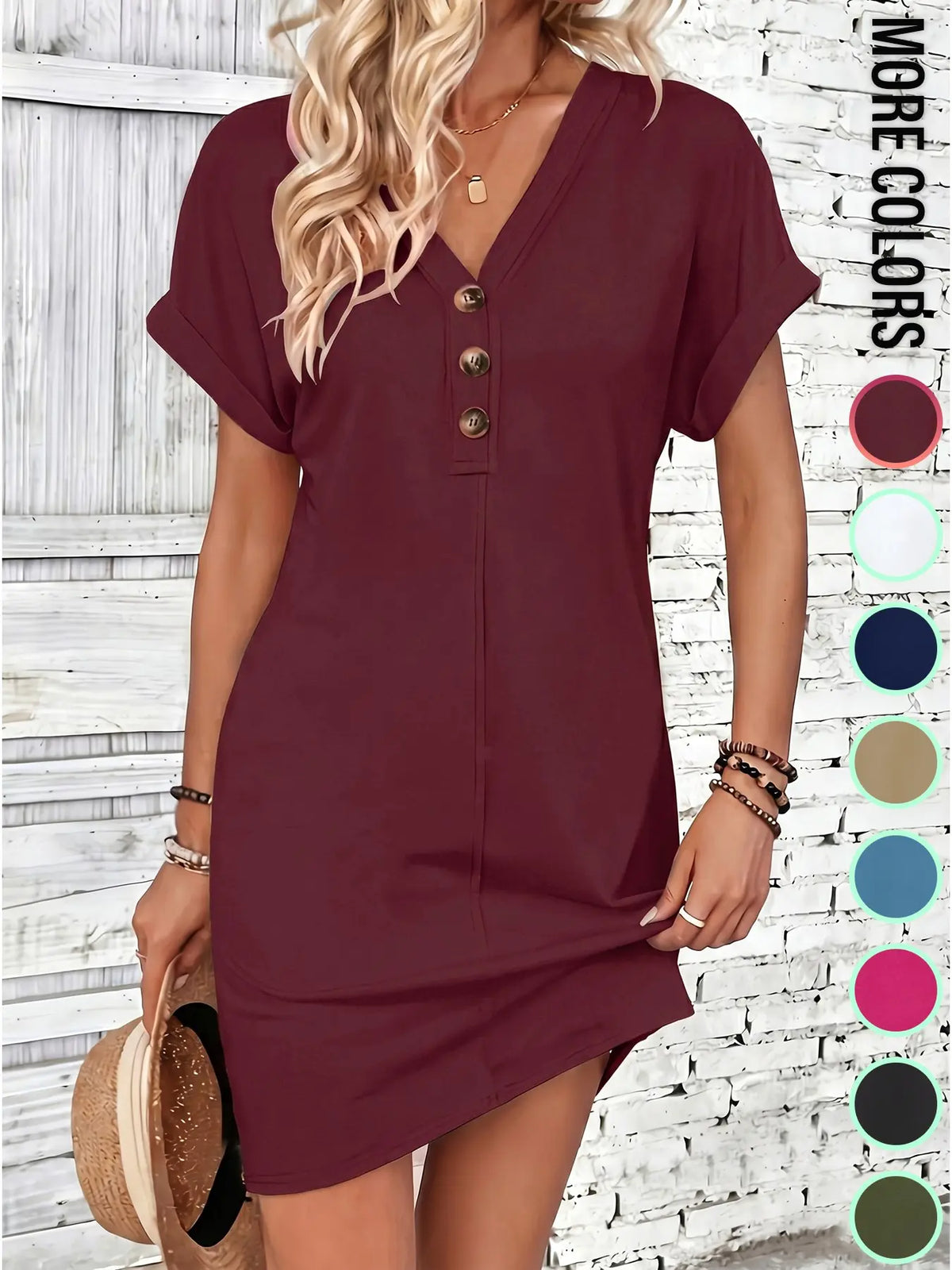 Women's Plain Button V Neck Tee Dress, Casual Short Sleeve Batwing Sleeve Short Dress for Summer, Fashion Women's Dress, Minimalist