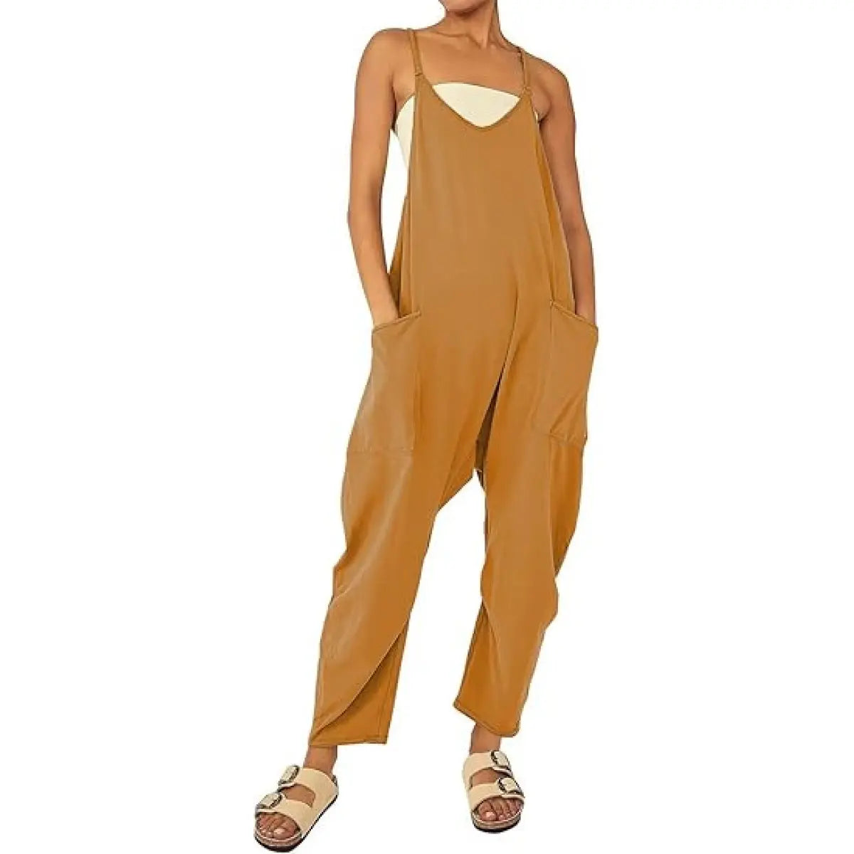 Tanming Lady's Casual Strappy V-Neck Sleeveless Harem Overalls - Stretchy Adjustable Strap Romper with Pockets, Fashion Apparel Clothing for Women, Spring-Summer Statements, Women's Clothes, Clothes For Women