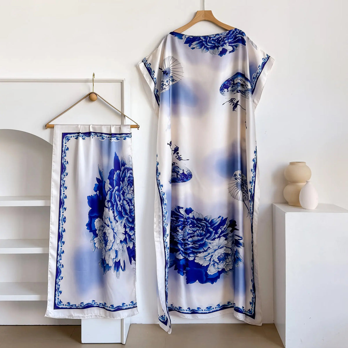 Women's 2-Piece Essential Bohemian Robe Set - Casual Matching Floral Print Long Dress, Headscarf Hairband, Beach Shawl Accessory, All-Season Boho Elegance