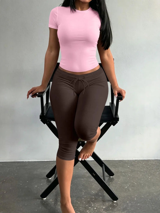 LW Home Women's Minimalist Solid Color Round Neck Short Sleeve T-Shirt and Adjustable Drawstring Cropped Pants Set, Summer Home Wear, Everyday
