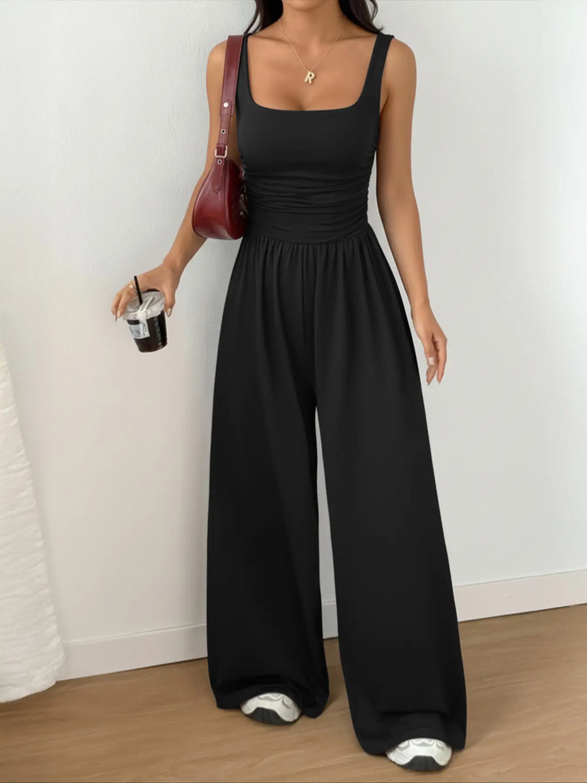 Women's Casual Fit Knitted Solid Square-Neck Jumpsuit, Basic, Fashionable, Comfortable, Soft and Versatile Wide-Leg Jumpsuit, Everyday Womenswear