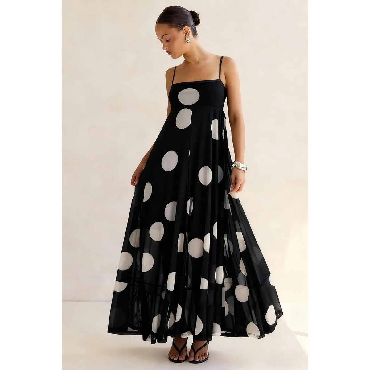 Women's Polka Dot Spaghetti Strap Maxi Dress Square Neck Flowy Mesh Long Dress Casual Party Summer Sundress