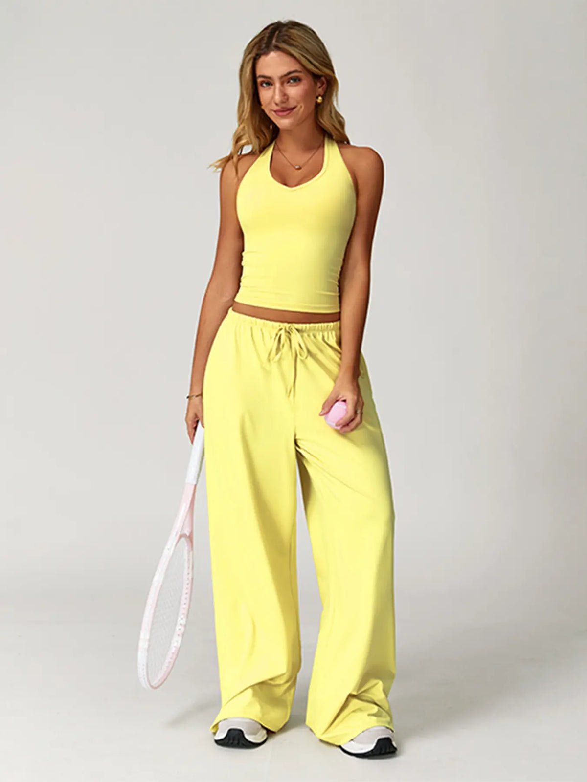 Nvwaurban Women's 2-Piece Fitted Athleisure Outfits, Summer Ribbed Fabric Set with V-Neck Strappy Open-Back Top & Wide Leg Pants, Breathable Everyday Active Lounge Wear for Gym & Travel, Sports Clothing Set for Back to School