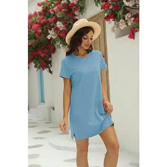 Wenrine Women's Cotton Blend Short-Sleeve Crew Neck Solid Color Above-Knee Mini T-Shirt Dress - Casual Daily Holiday Apparel with Pocket, Machine Washable, Do Not Dry Clean