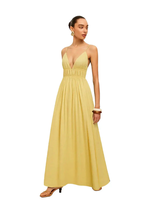 Yousify Women's Deep V-Neck Sleeveless Spaghetti Strap Boho Ruched Bust Maxi Dress - Casual Fashion Dress, Sleeveless for Easy Cooling, Brunch to Beach Wear, Tie Back, Minimalist Summer Basic