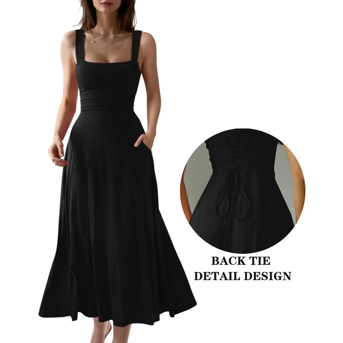 OYS Women's Casual Sleeveless Square Neck A-Line Solid Slim Flowy Long Dress with Pockets & Back Tie Detail Design