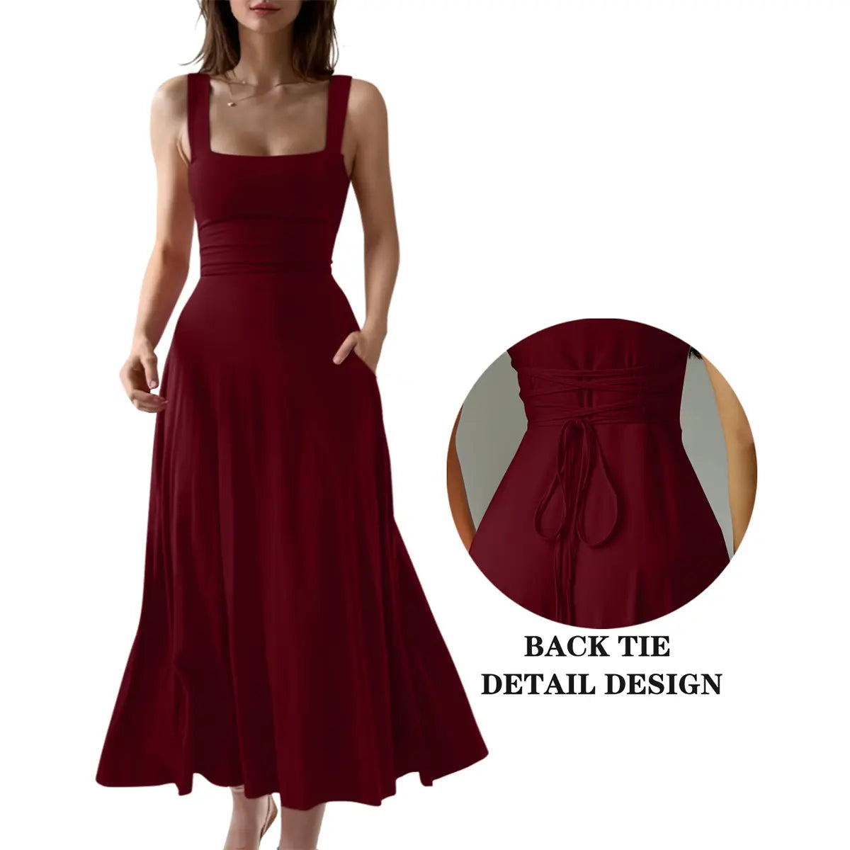 OYS Women's Casual Sleeveless Square Neck A-Line Solid Slim Flowy Long Dress with Pockets & Back Tie Detail Design