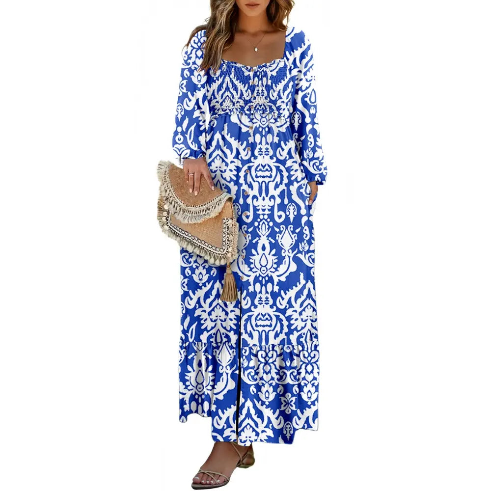 Dokotoo Womens Dresses Boho Floral Smocked Empire Waist Square Neck Long Sleeve Button Maxi Dress Beach Vacation Sundresses