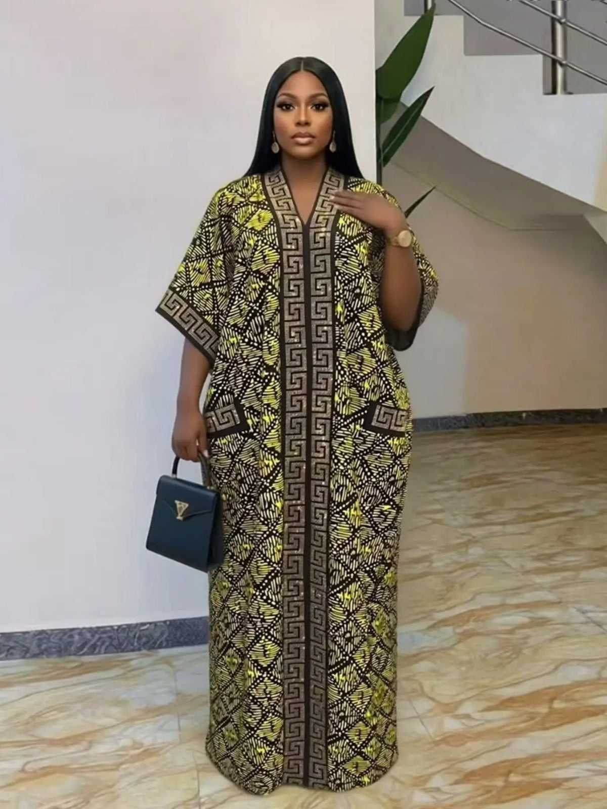 Plus Size African-Style Kaftan Dress for Women, Geometric Print Ethnic Loose V-Neck Boubou with Pockets for Casual Boho Chic Party Wear, Comfortable and Stylish, Bohemian Dress, Boho Dresses