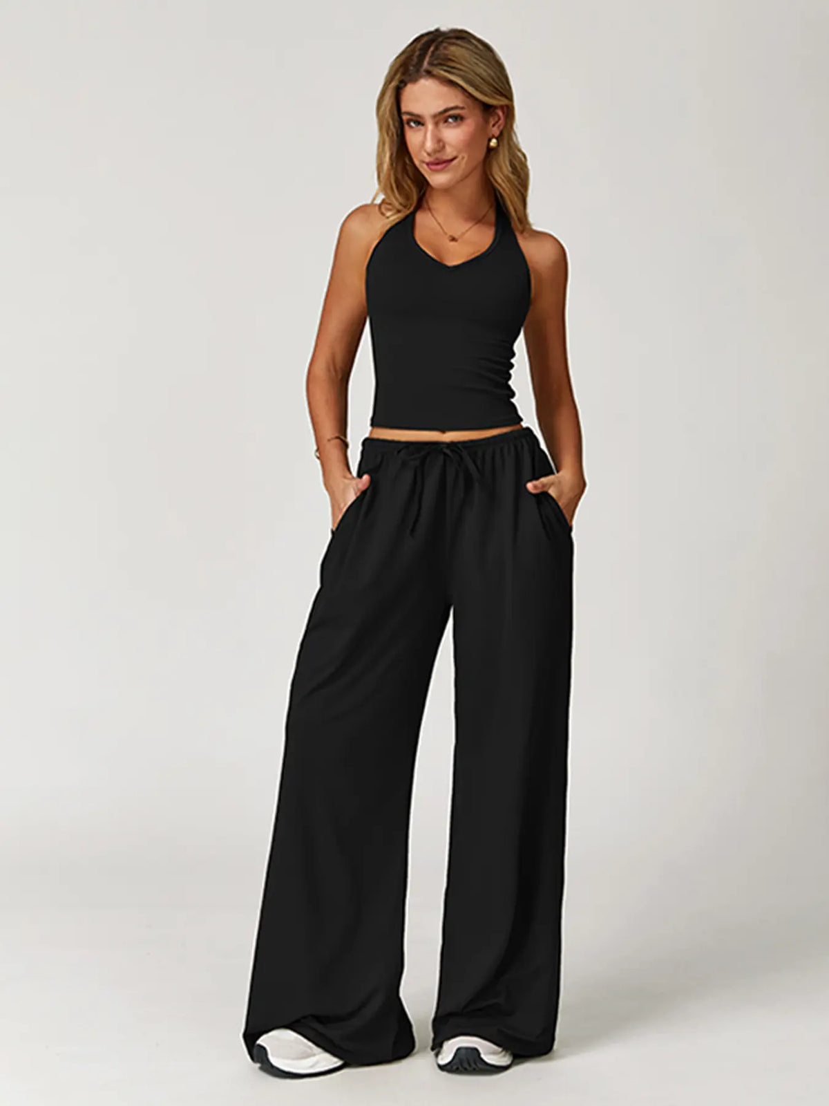 Nvwaurban Women's 2-Piece Fitted Athleisure Outfits, Summer Ribbed Fabric Set with V-Neck Strappy Open-Back Top & Wide Leg Pants, Breathable Everyday Active Lounge Wear for Gym & Travel, Sports Clothing Set for Back to School