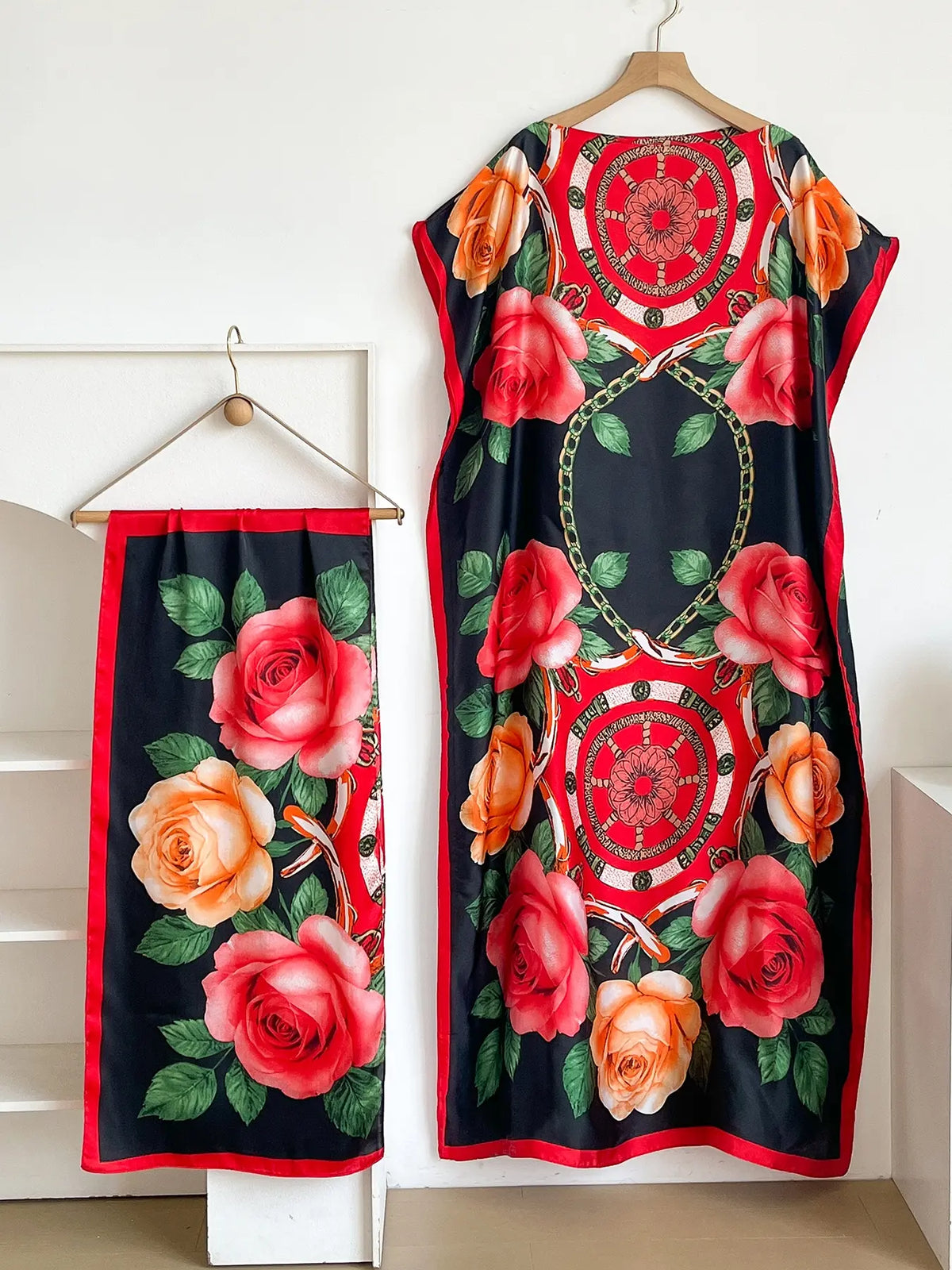 Elegant Dopamine Color Set, Boho Summer Chain Print Muumuu Long Dress Robe, Women's Sun Protection Satin Scarf Shawl