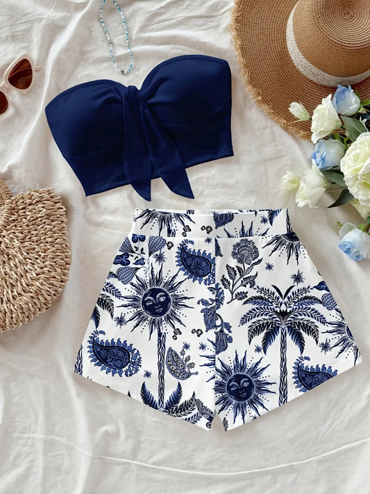 Women's Island Vacation Coconut Tree, Sun God & Flower Print 2-Piece Set, Perfect for Holiday, Fashionable Wear, Slim-Fitting Crop Tops