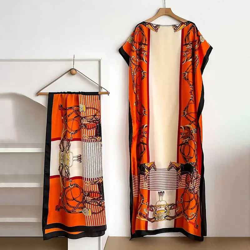 Women's 2-Piece Essential Bohemian Robe Set - Casual Matching Floral Print Long Dress, Headscarf Hairband, Beach Shawl Accessory, All-Season Boho Elegance