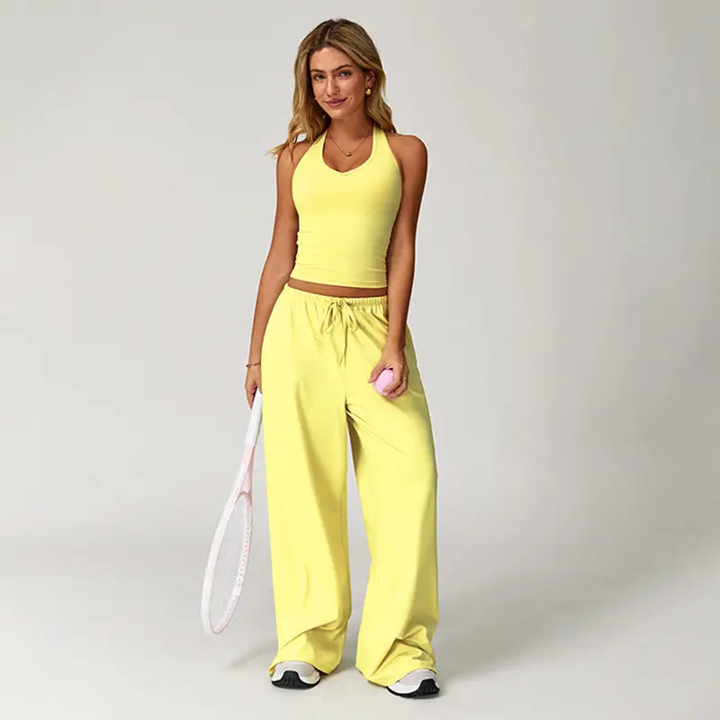 Nvwaurban Women's 2-Piece Fitted Athleisure Outfits, Summer Ribbed Fabric Set with V-Neck Strappy Open-Back Top & Wide Leg Pants, Breathable Everyday Active Lounge Wear for Gym & Travel, Sports Clothing Set for Back to School