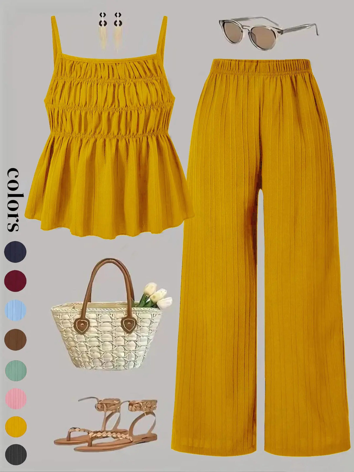Two-Piece Set Women's Solid Color Cami Top & Wide Leg Pants Set, Street Fashion Casual Everyday Set Outfits for Daily Outdoor Wear, Ladies Clothes for All Seasons