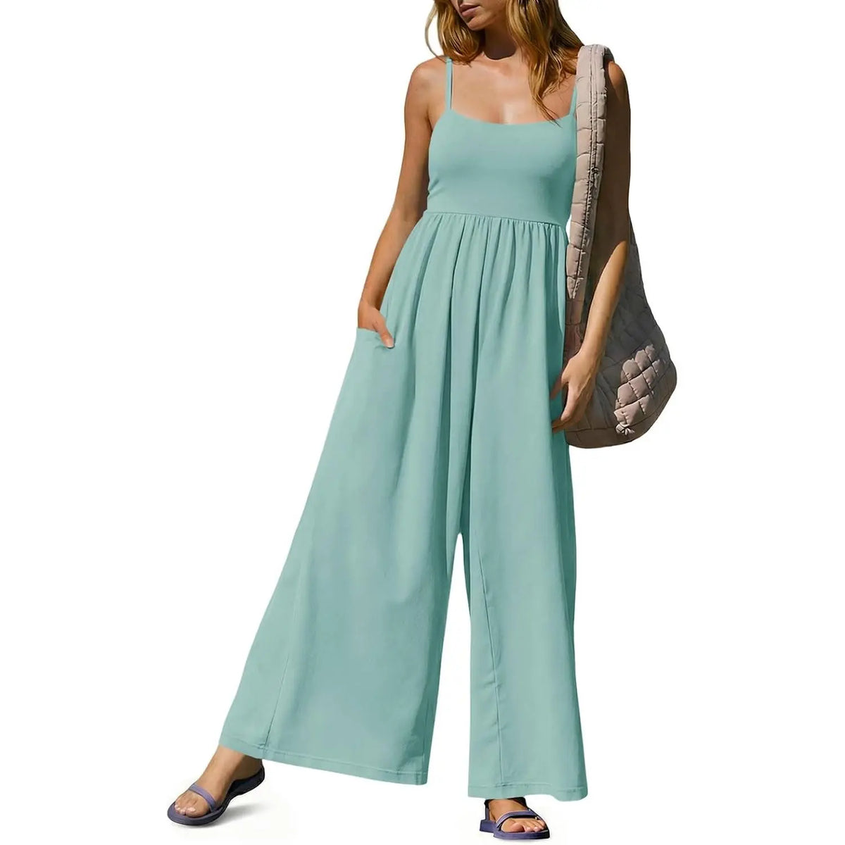 Imily Bela Womens Summer Jumpsuits One Piece Casual Loose Overalls Spaghetti Strap Wide Leg Rompers with Pockets Workout Outfits