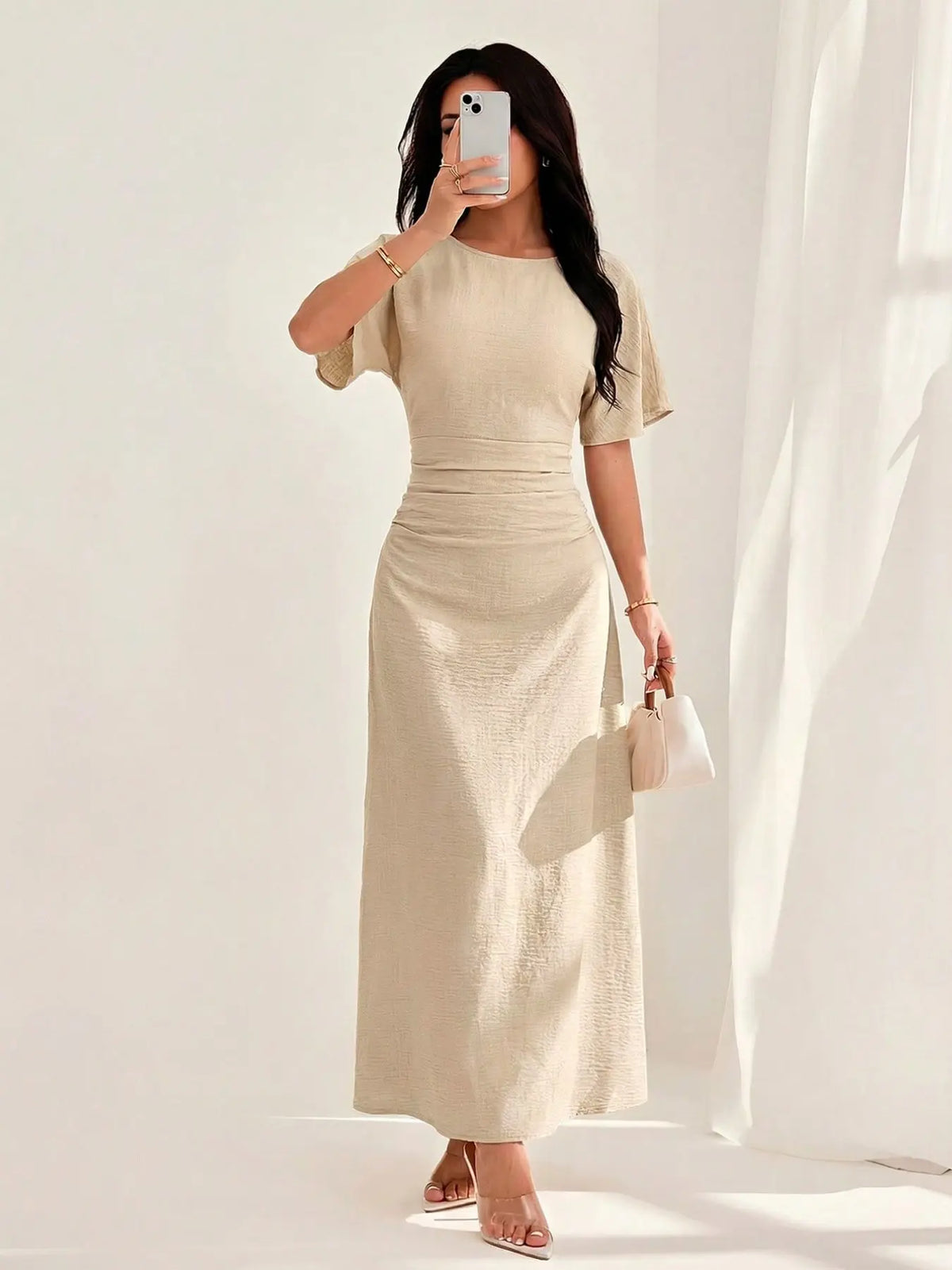Women's Elegant Casual Summer Short Bodycon Plain Ruched Round Neck Dress, Lady, Solid Pattern, No Ca Prop 65, Stylish Design, Perfect for Warm Weather, Comfortable & Chic, Womenswear