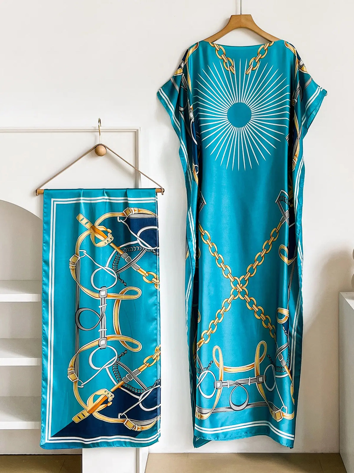 Elegant Dopamine Color Set, Boho Summer Chain Print Muumuu Long Dress Robe, Women's Sun Protection Satin Scarf Shawl