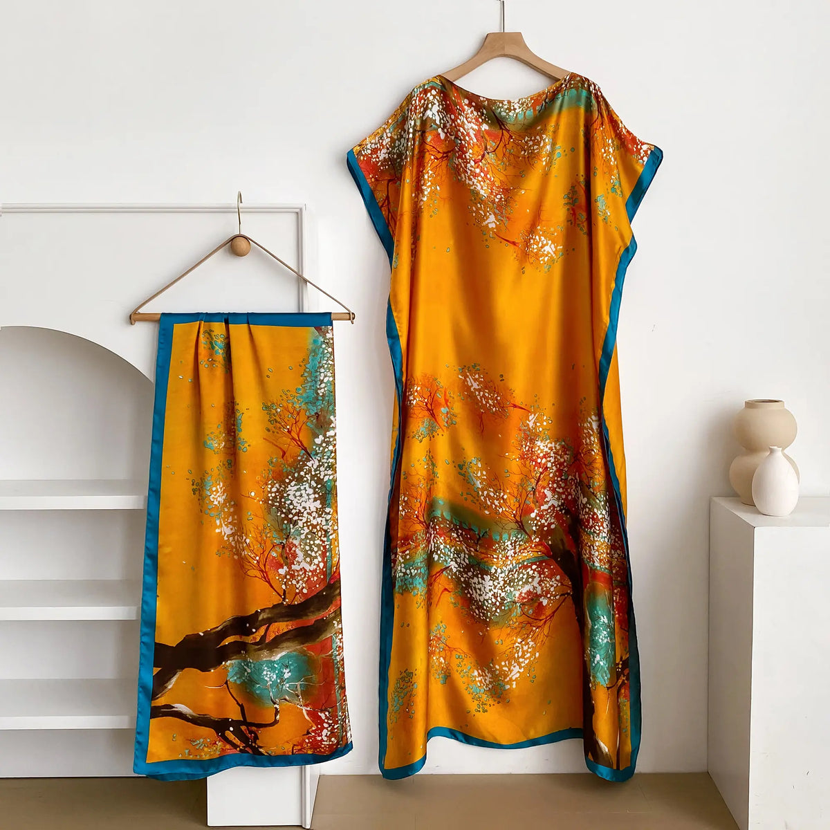 Women's 2-Piece Essential Bohemian Robe Set - Casual Matching Floral Print Long Dress, Headscarf Hairband, Beach Shawl Accessory, All-Season Boho Elegance