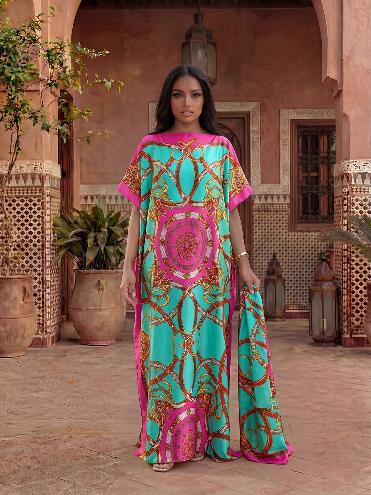 Elegant Dopamine Color Set, Boho Summer Chain Print Muumuu Long Dress Robe, Women's Sun Protection Satin Scarf Shawl