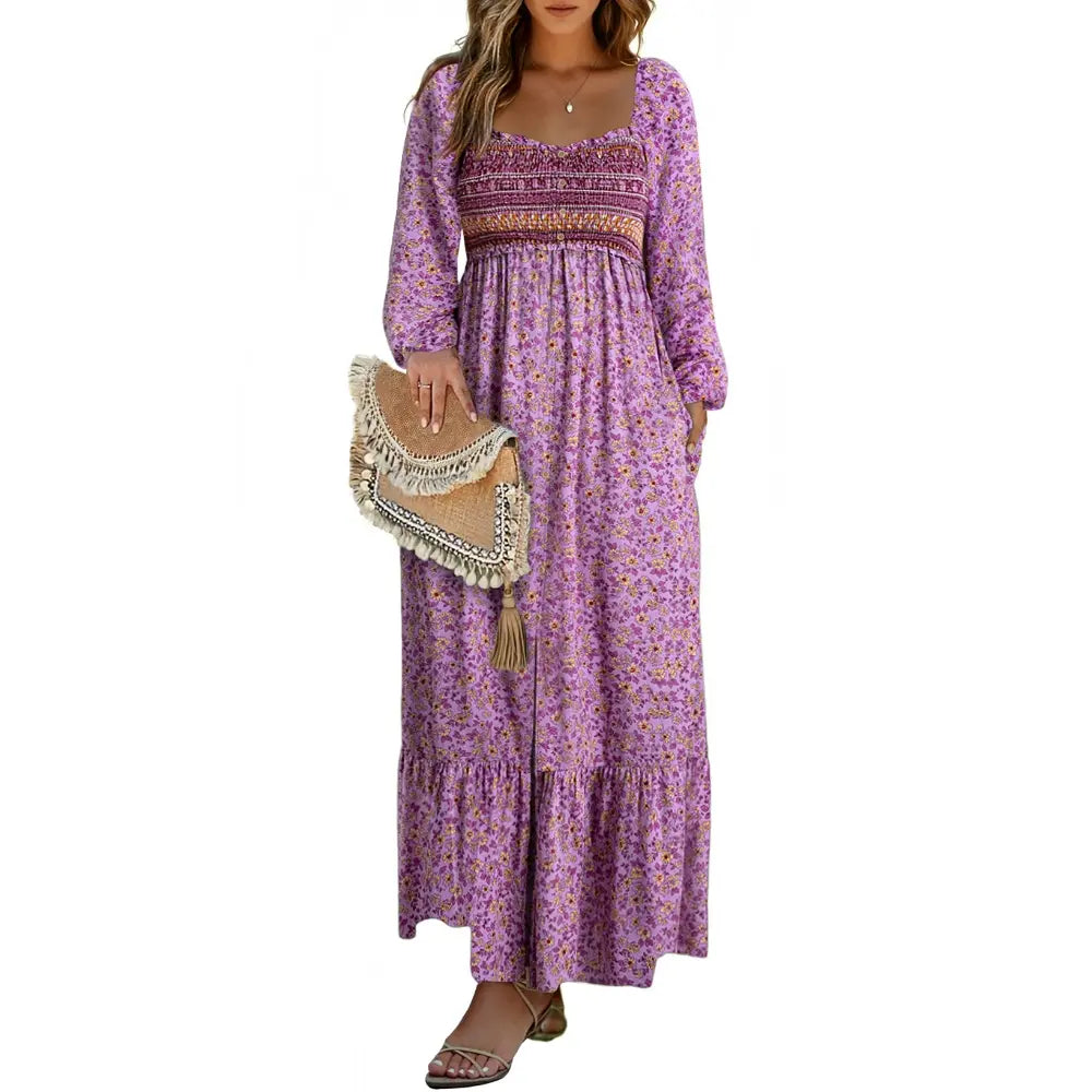 Dokotoo Womens Dresses Boho Floral Smocked Empire Waist Square Neck Long Sleeve Button Maxi Dress Beach Vacation Sundresses