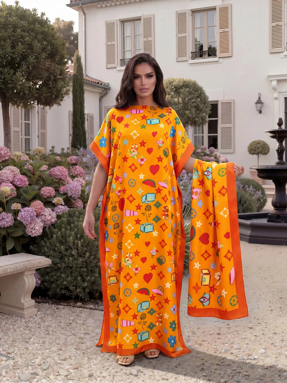 Fashionable Elegant Full-Body Print Robe Set, Moo Moo Long Dress + Headscarf Scarf, Women's Beach Sun Protection Silk Shawl, Beachy Style