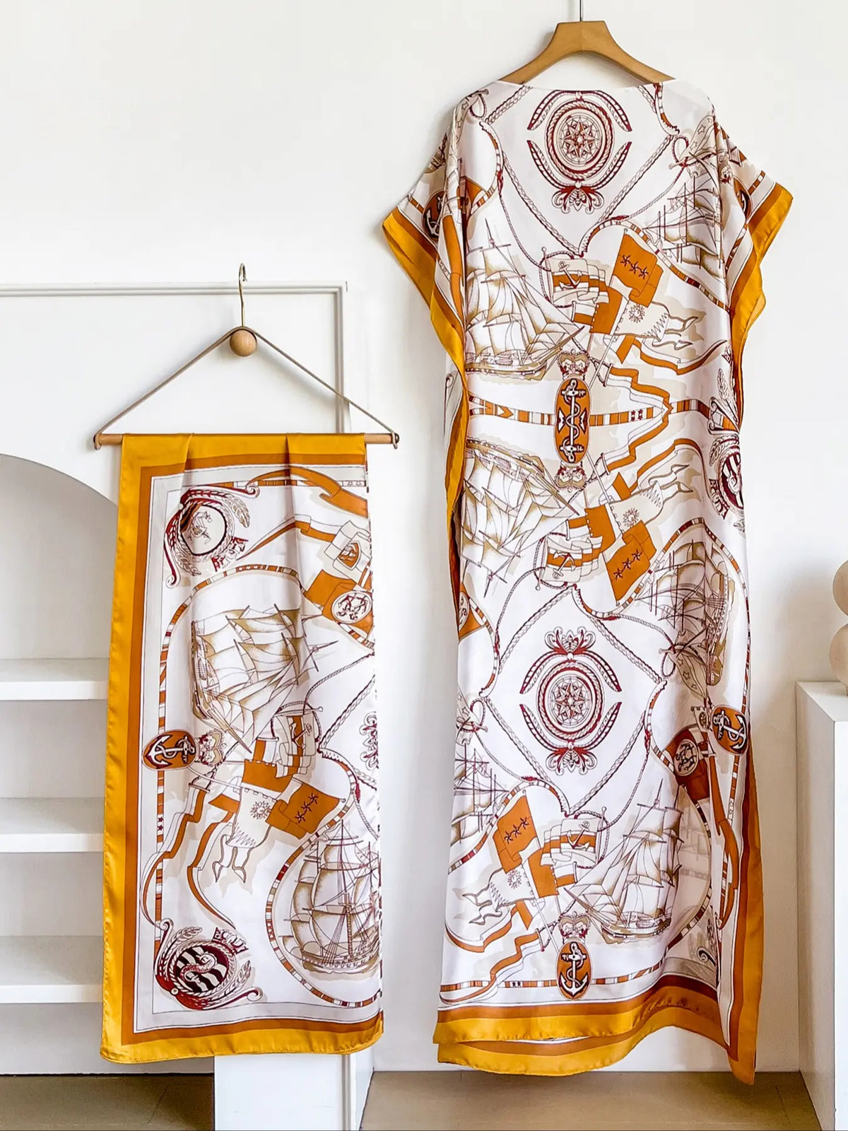 Elegant Dopamine Color Set, Boho Summer Chain Print Muumuu Long Dress Robe, Women's Sun Protection Satin Scarf Shawl