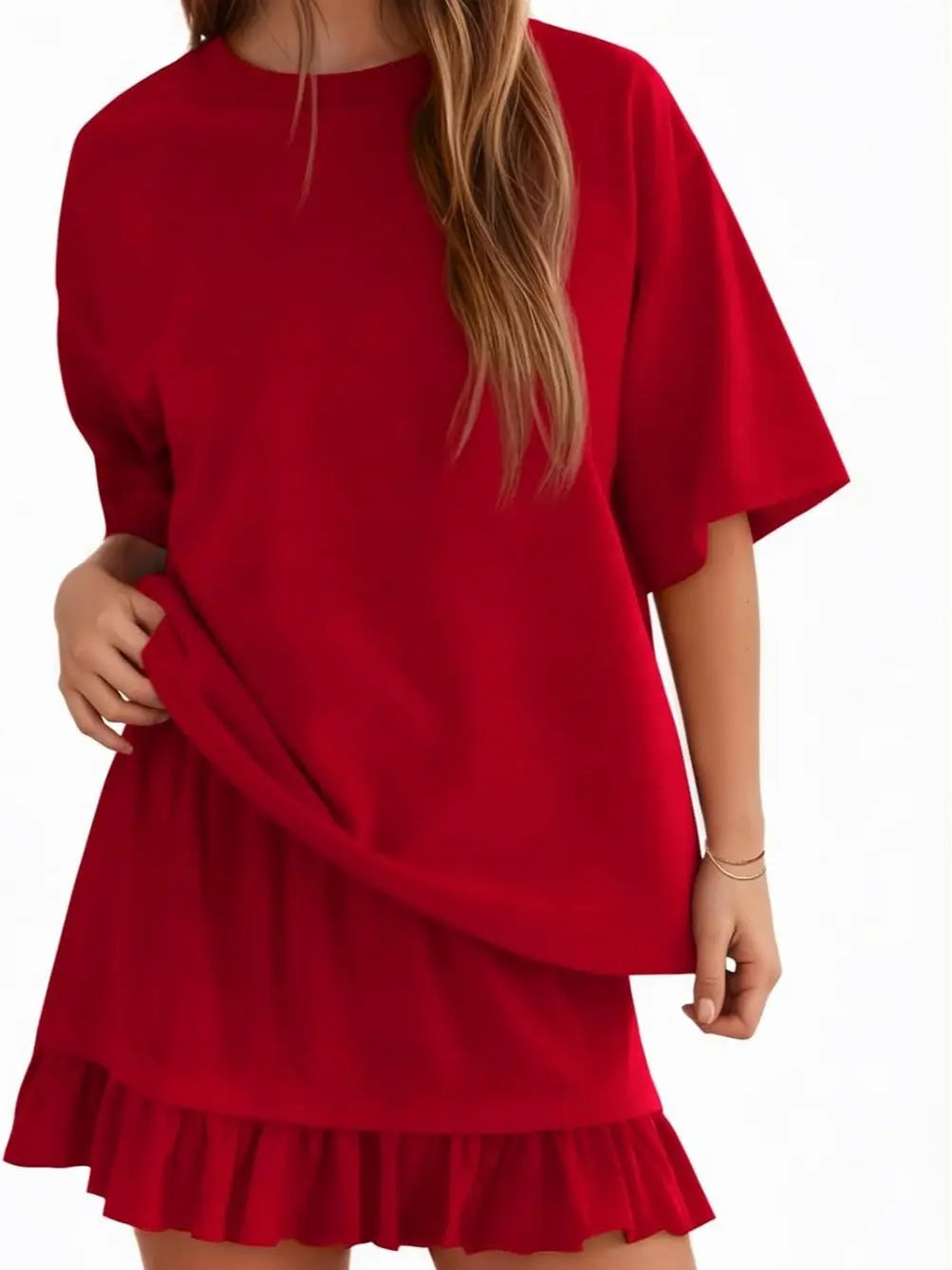 Yousify Women's 2-Piece Set, Casual Half-Sleeve Crew Neck Top & Basic Mini Skirt, Coordinated Summer Vacation Matching Sets for Women, Fashion Apparel