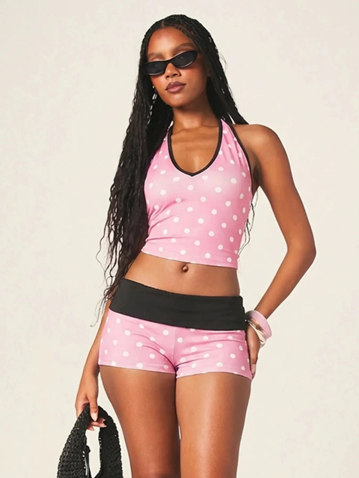 Women's Two-Piece Set, Polka Dot V-Neck Halter Top & Colorblock Slim Fit Shorts, Womenswear, Two Pieces Outfits, Trendy Design, Perfect for Daily Wear and Dates