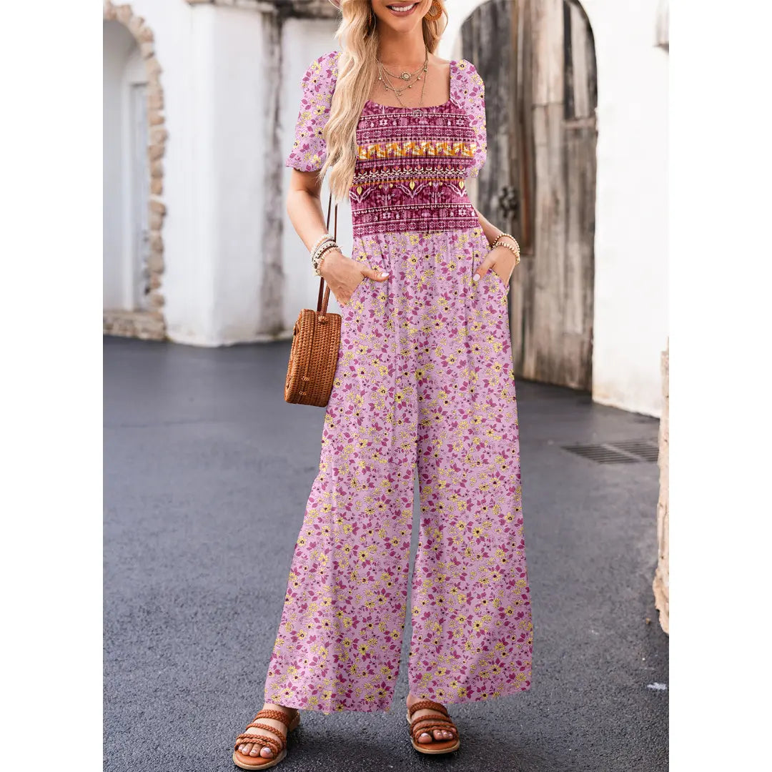 Dokotoo Square Neckline Stretch Waistband Printed Jumpsuit - Womenswear Casual Chic Comfortable Summer Boho