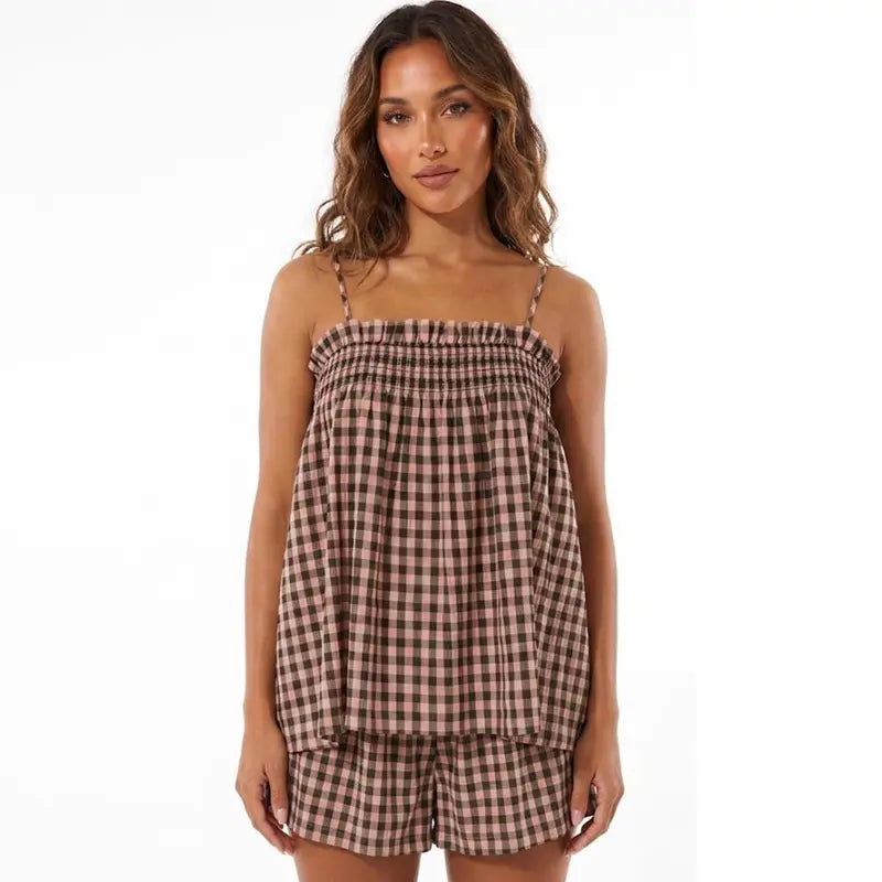 Women's 2 Piece Lounge Outfits Sleeveless Plaid Cami Tank Tops Wide Leg Shorts Sets