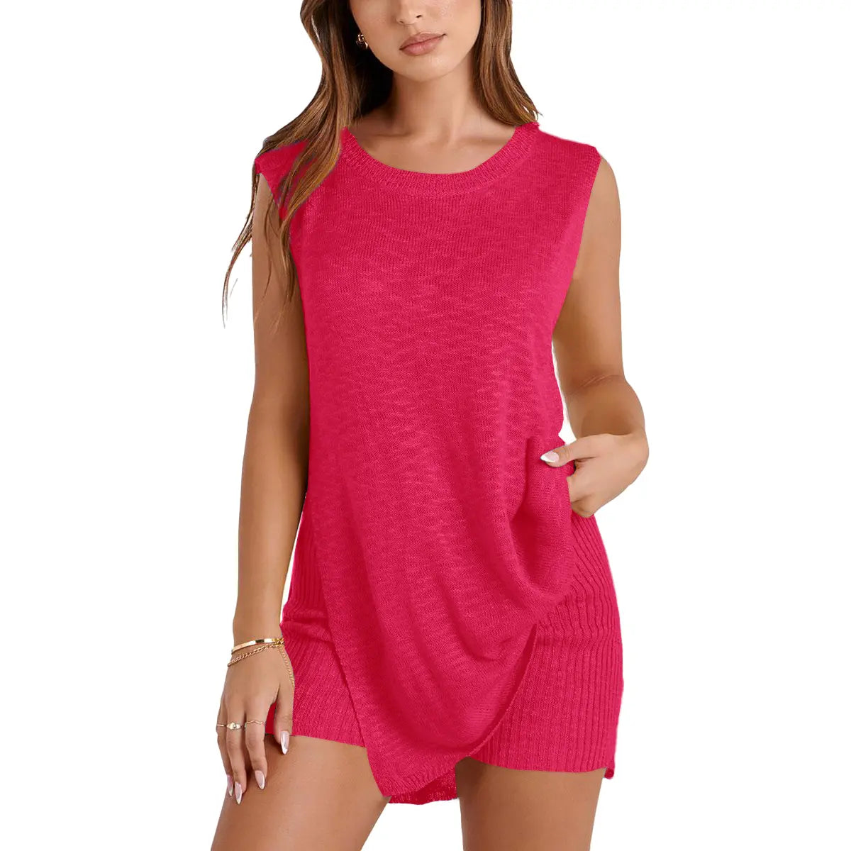 SCUSTY Women's 2 Piece Outfits Summer Summervibes Knit Sweater Set Sleeveless Tunic Top Matching Shorts Trendy Beach Vacation Sets Loungesetwomen Suits Clothes Womenswear  Basic Beige