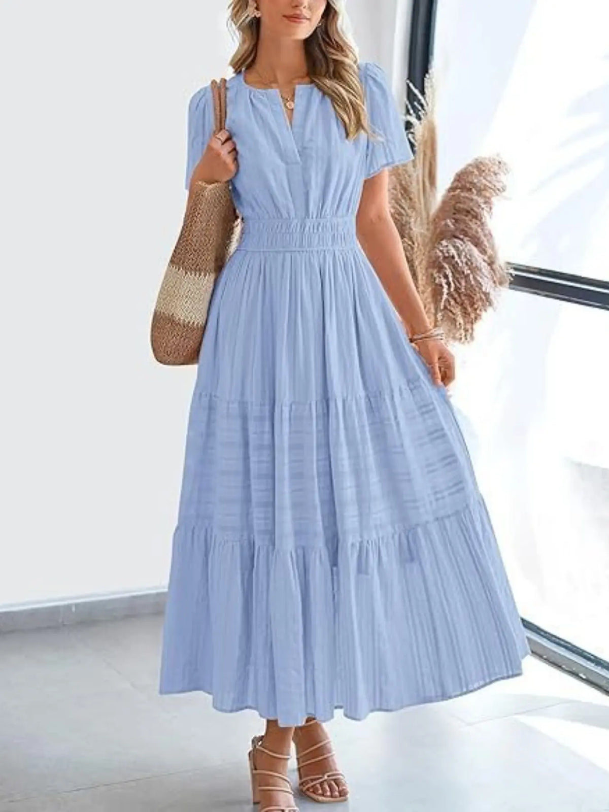 Women's Summer Solid Color Casual Long Dress, Lightweight Short Sleeve V-Neck Bohemian Style with Lining, Comfortable, Chic, Stylish and Elegant, Bohemian Aesthetic