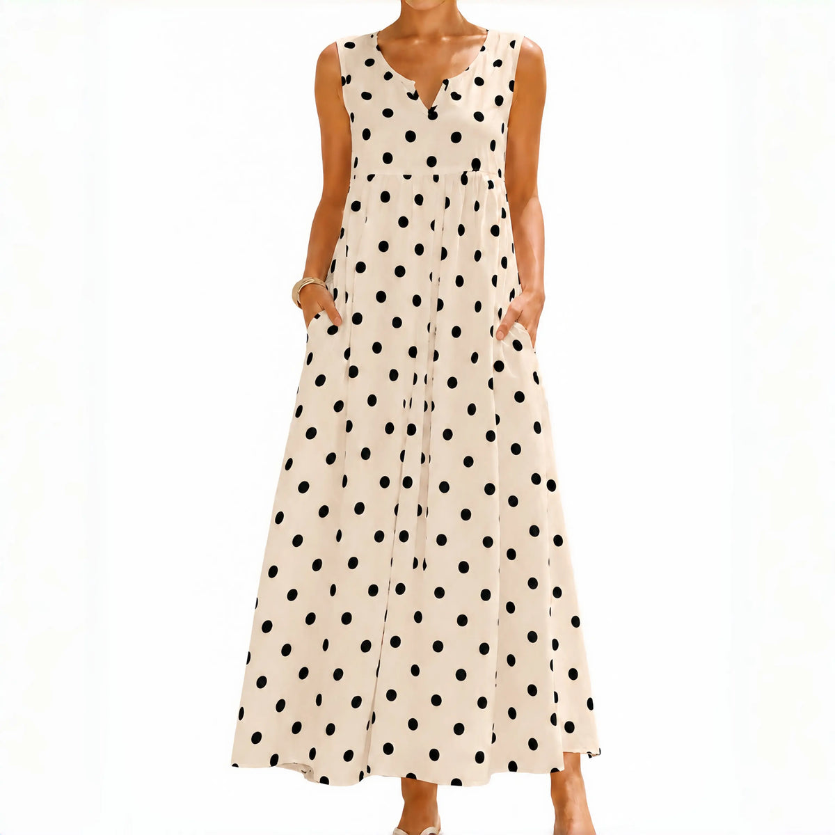 GLAMONIQUE Women's Brown Polka Dot H-Type Maxi Dress - Sleeveless V-Neck Spaghetti Strap, Lightweight Flowy, Side Slit, Adjustable Casual Wear for Outdoor, Vacation