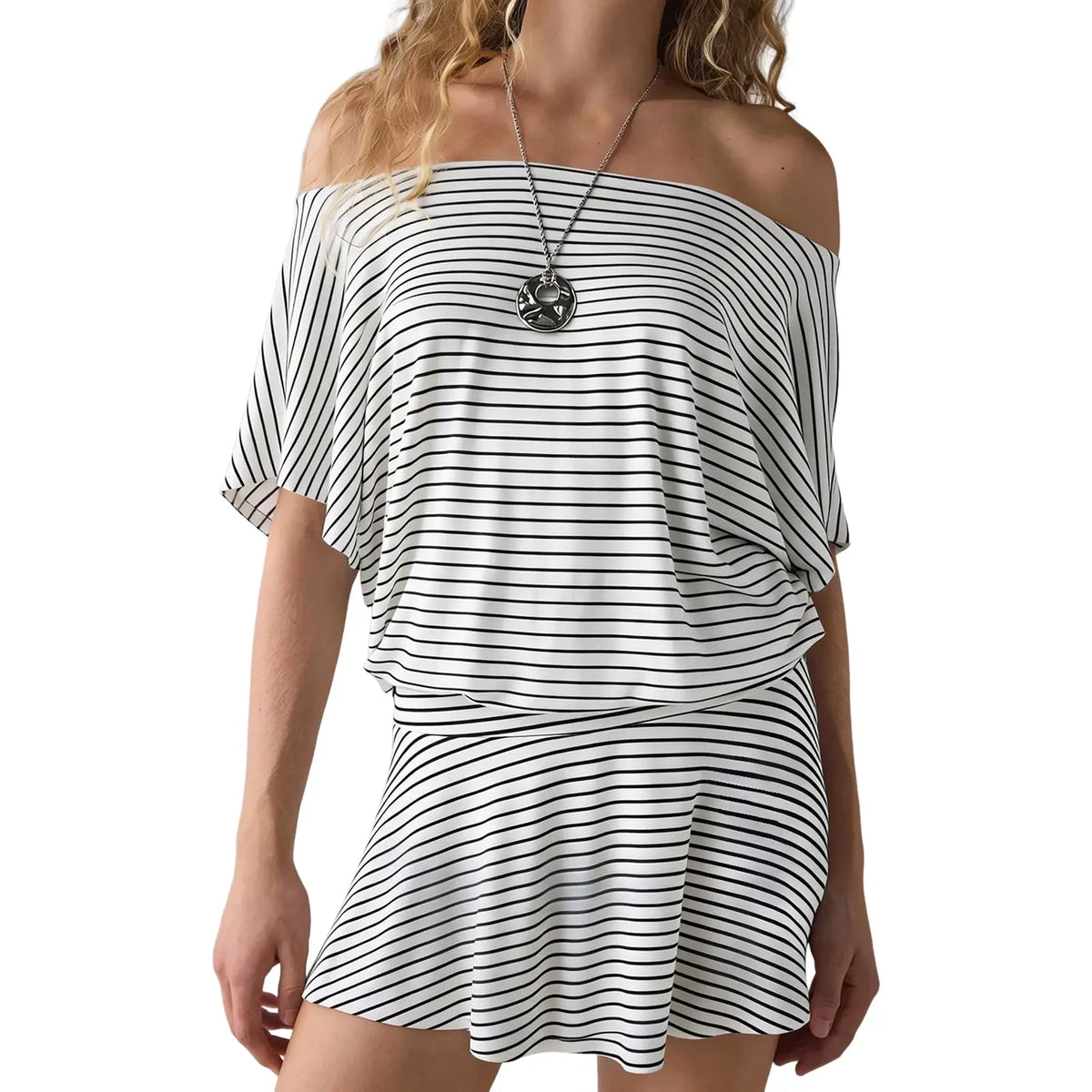 FISOEW Women's Casual Black Striped Draped Off-The-Shoulder Mini Dress - 2026 Spring Summer Breathable Basic Fabric, Fit Style, Ideal for Beach Vacations & Parties, Women's Clothes, Plus Size Clothes