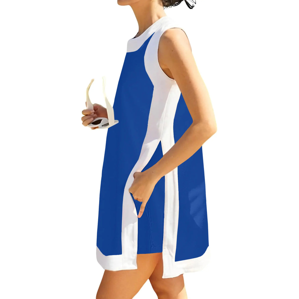SCUSTY Women's Casual Summervibes Two Piece Sets Color Block Crewneck Sleeveless Pullover Tops Matching Shorts With Pockets 4th of July Independence Day Outfit